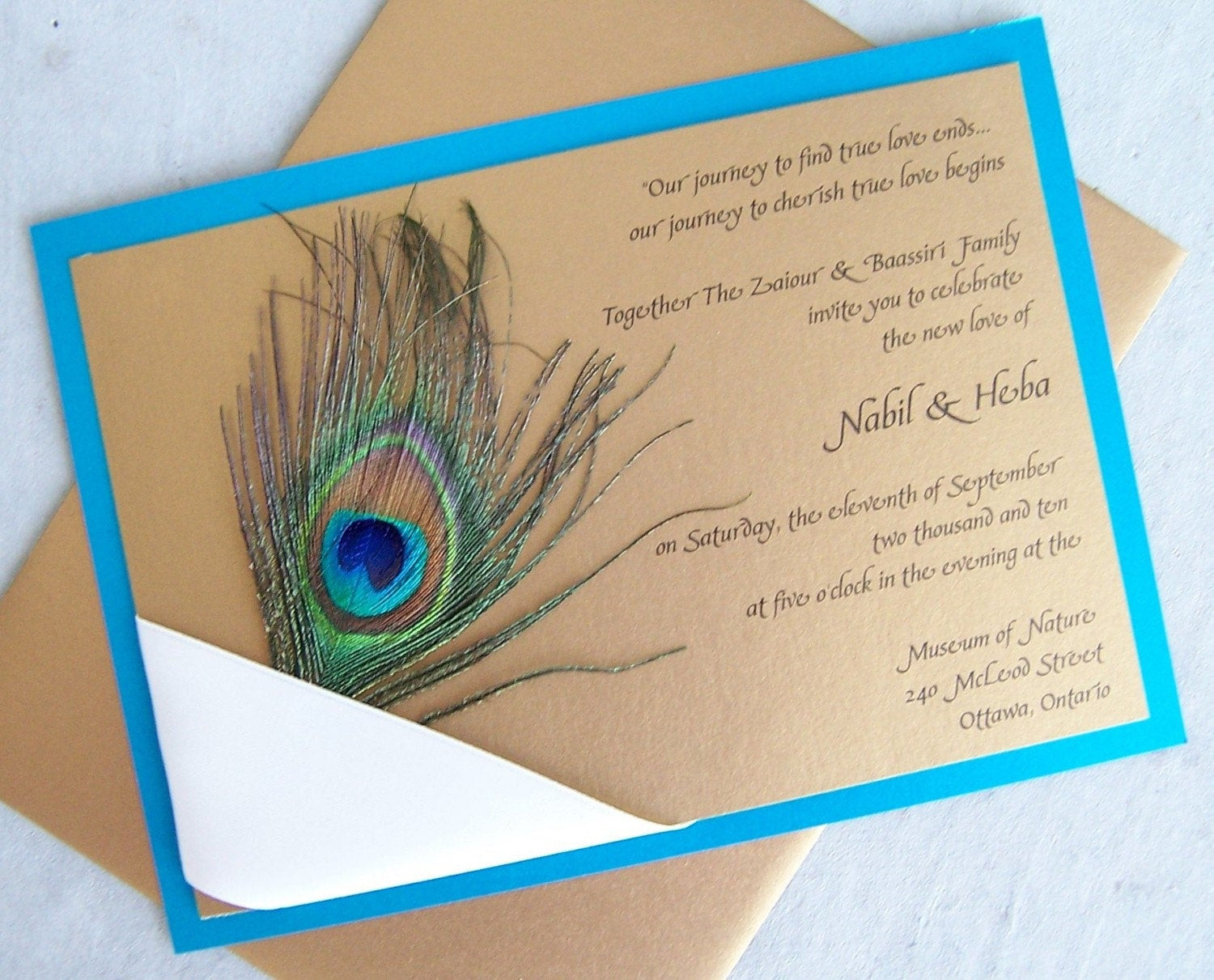 Peacock Wedding Invitation
 Peacock wedding invitation gold teal aqua ribbon navy