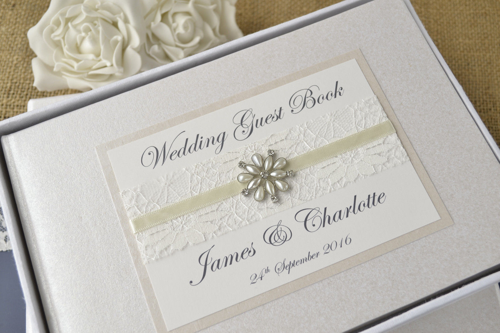 Photo Wedding Guest Books
 Personalised Wedding Guest Book – Vintage lace & jewel