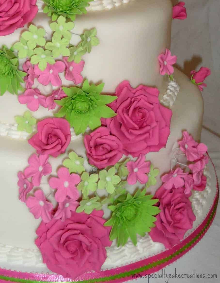 Pink And Green Wedding Cakes
 Hot Pink and Lime Green Cascading Flowers Wedding Cake