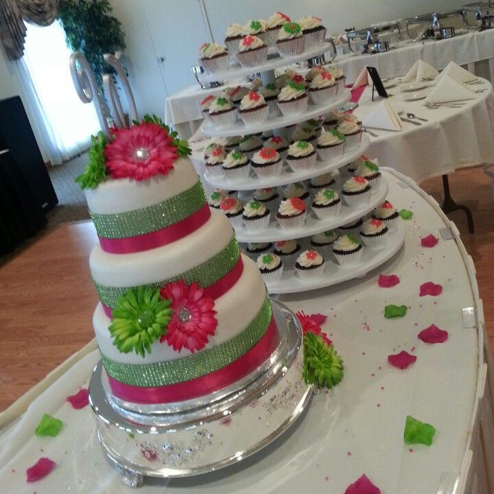 Pink And Green Wedding Cakes
 Hot Pink and Lime Green Wedding Cake and Cupcakes
