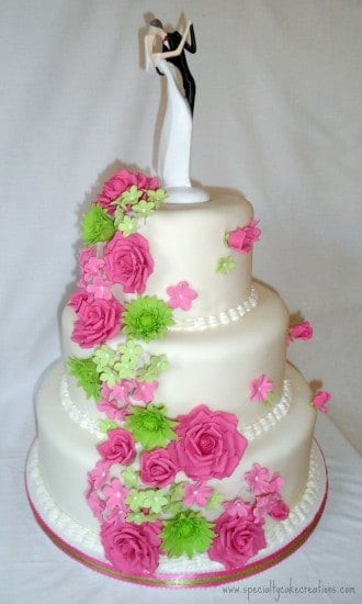 Pink And Green Wedding Cakes
 Hot Pink and Lime Green Cascading Flowers Wedding Cake