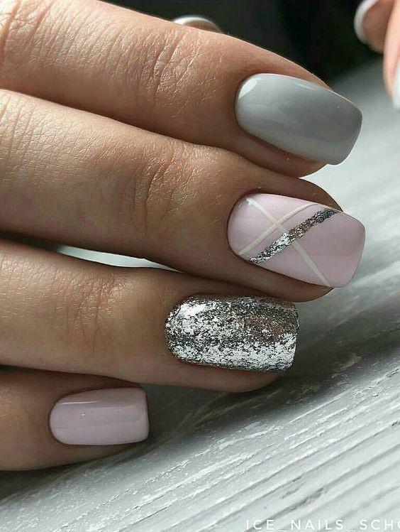 Pink And Grey Nail Designs
 Pink and grey nails with silver glitter design