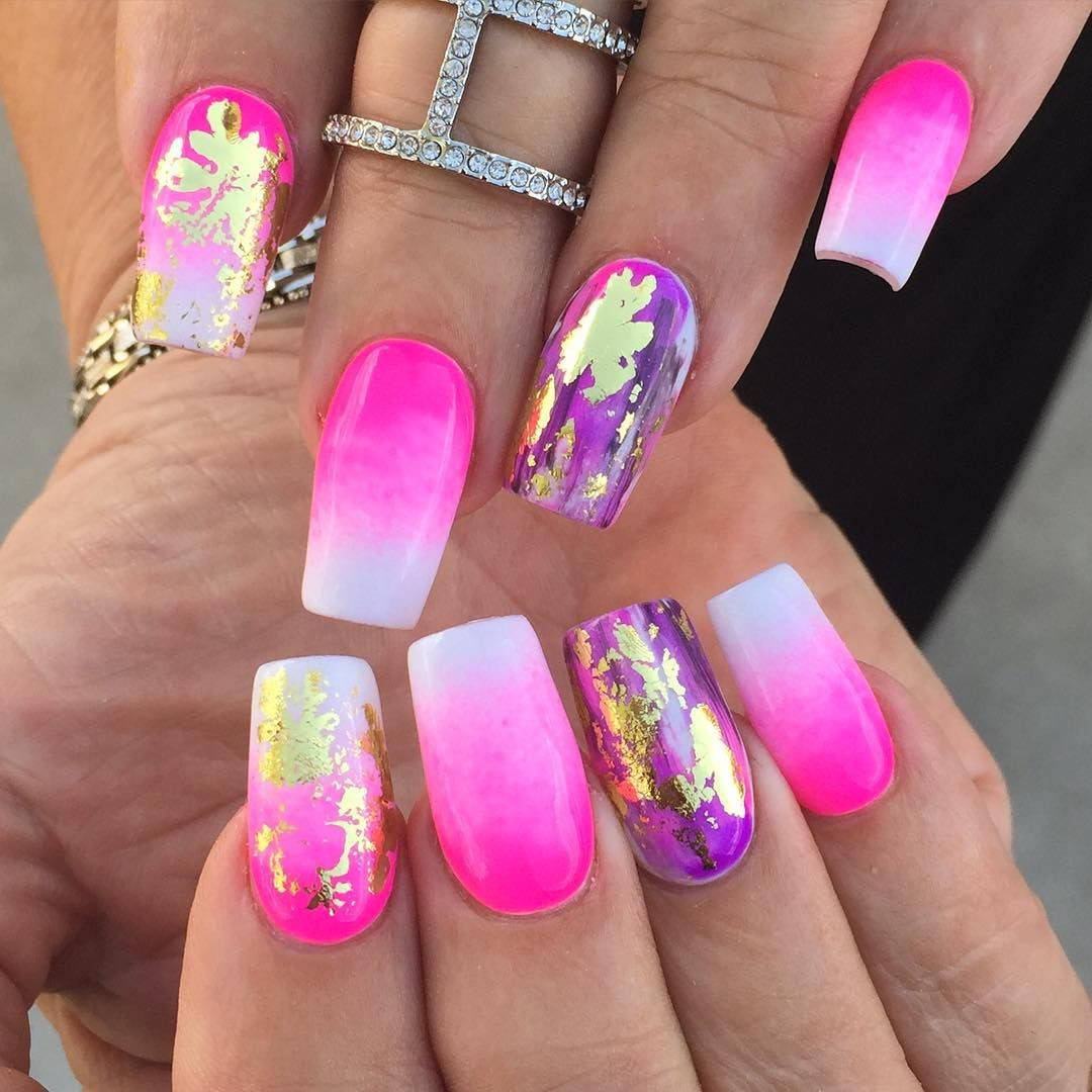 Pink And Purple Nail Designs
 Hot Pink Ombre Purple nails gold foil leaf accents