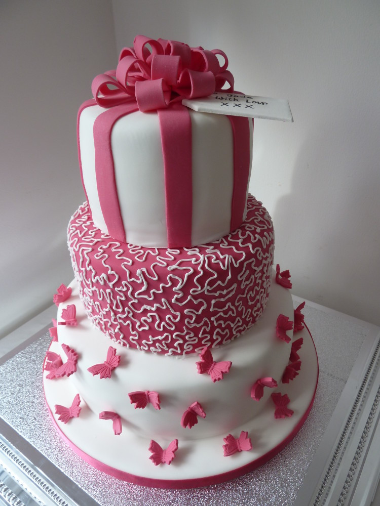 Pink Birthday Cakes
 Three Tier Pink & White Birthday Cake