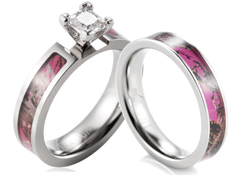 Pink Camo Wedding Ring Sets
 Titanium Pink Muddy Tree Camo Ring CZ setting engagement