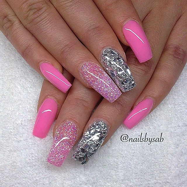 Pink Coffin Nails With Glitter
 Pink and glitter coffin nails nails
