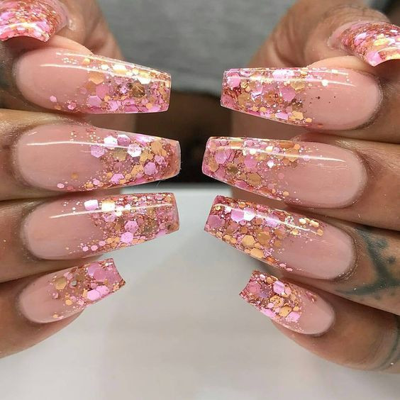 Pink Coffin Nails With Glitter
 30 Pretty Pink Acrylic Nails Designs You Must Definitely