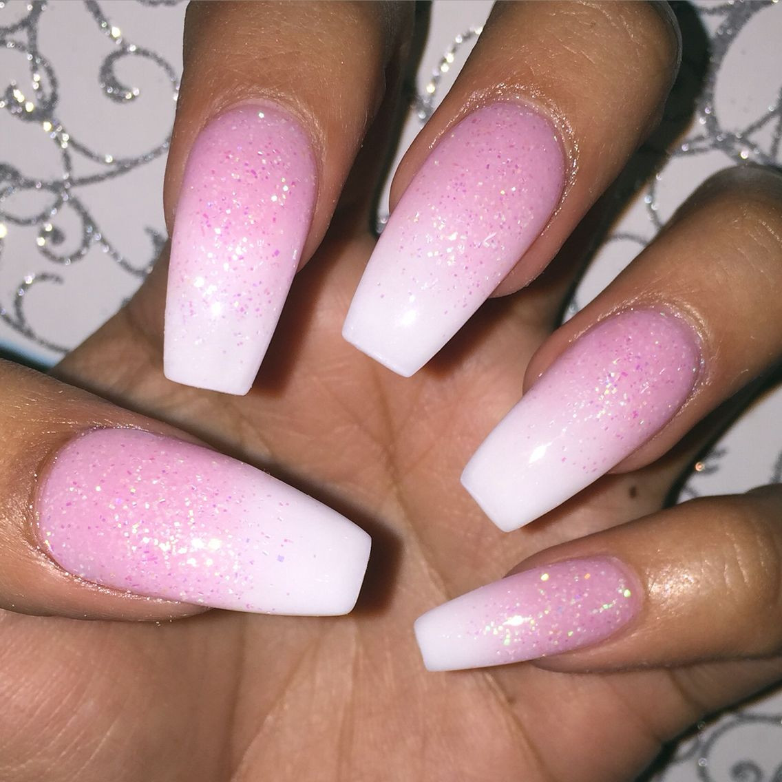 Pink Coffin Nails With Glitter
 Nails coffin nails baby boomers pink and white not polish