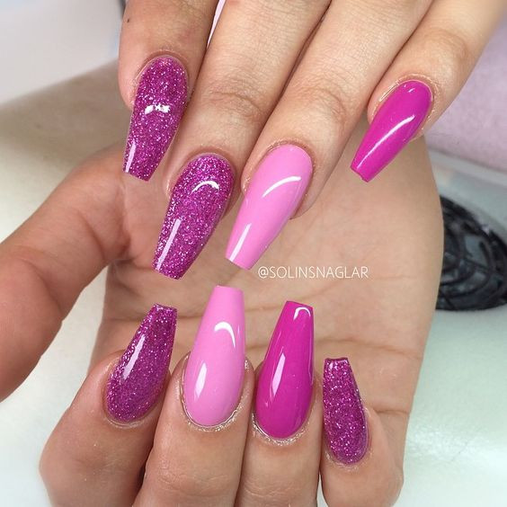 Pink Coffin Nails With Glitter
 Pink Fuchsia Purple Glitter Long coffin nails nail