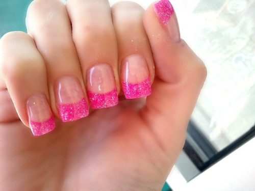 Pink Nails With Glitter Tips
 Glitter pink nails Hot Pink acrylic french manicure
