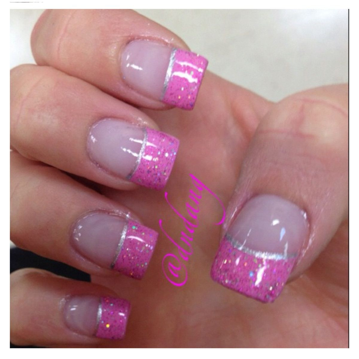 Pink Nails With Glitter Tips
 Pink and glitter French tip Nails in 2019