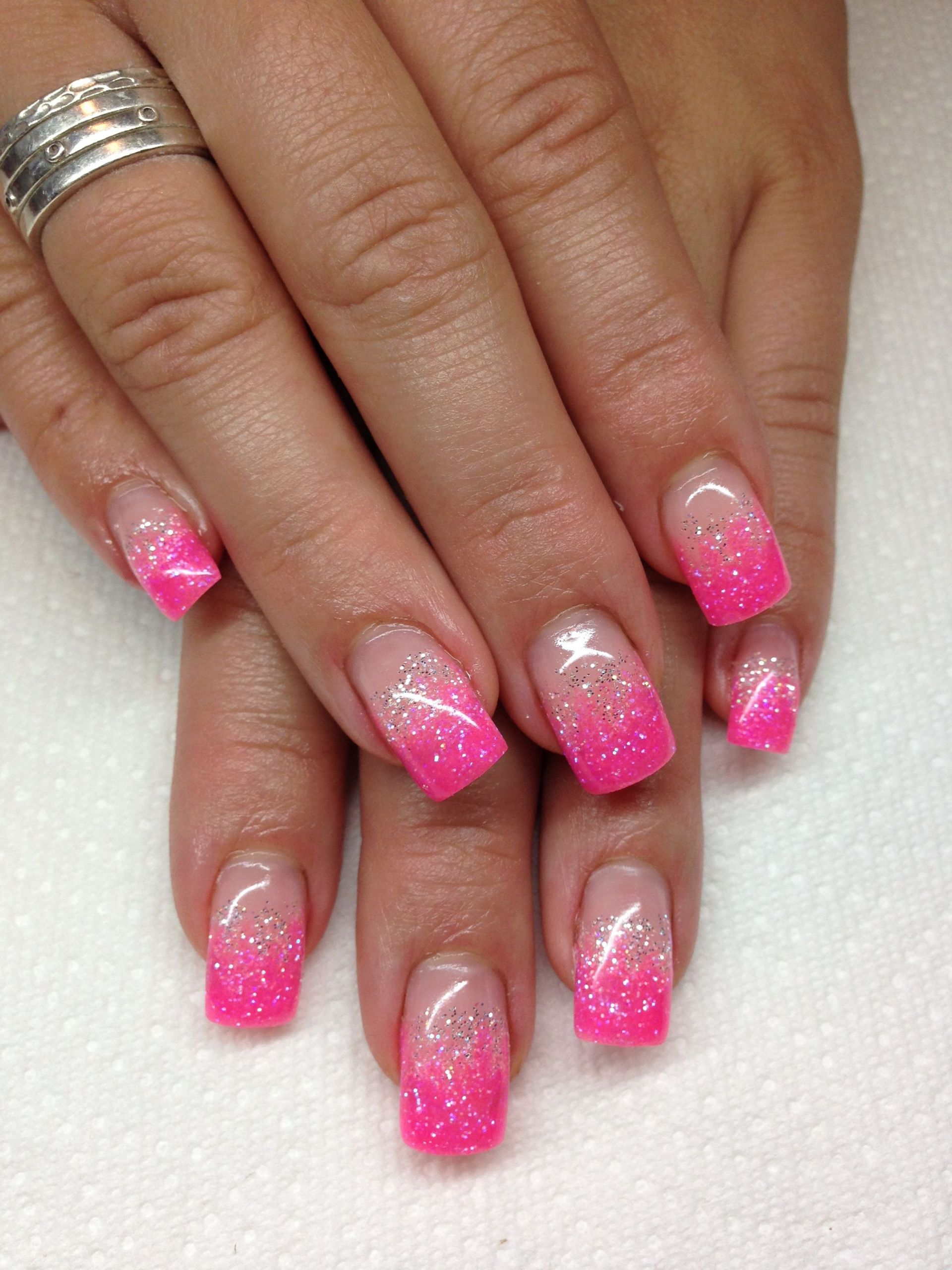 Pink Nails With Glitter Tips
 I love the pink and glitter tips