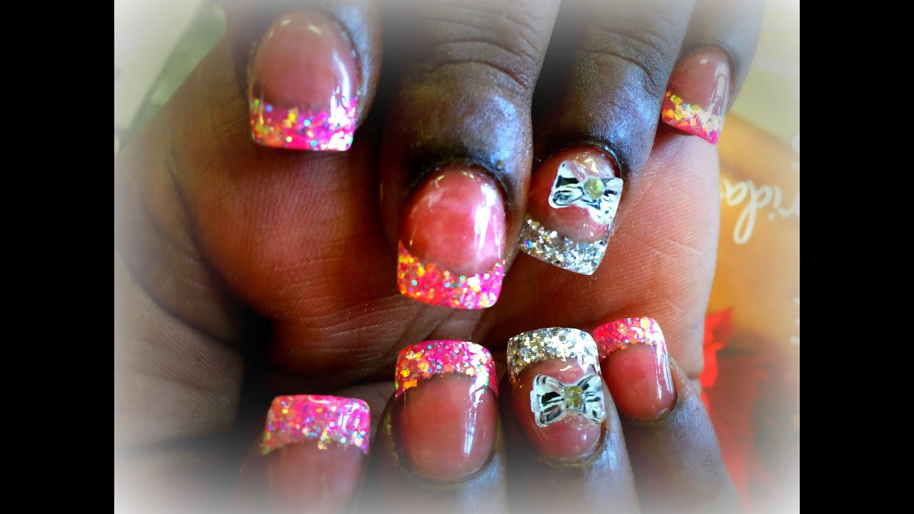 Pink Nails With Glitter Tips
 Acrylic Nails Pink & Silver Glitter Tips