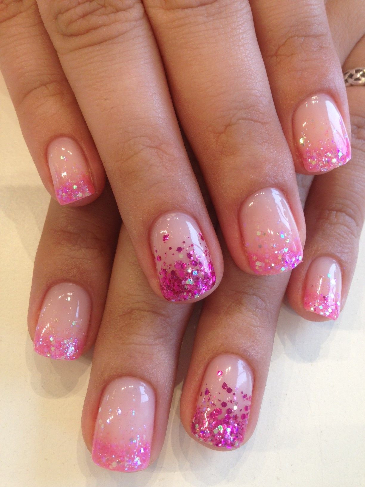 Pink Nails With Glitter Tips
 Pink glitter French tips