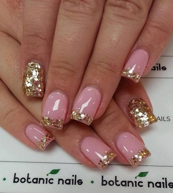 Pink Nails With Gold Glitter
 50 Most Beautiful Glitter French Tip Nail Art Design Ideas