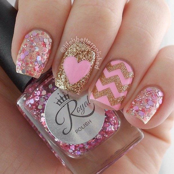 Pink Nails With Gold Glitter
 60 Glitter Nail Art Designs