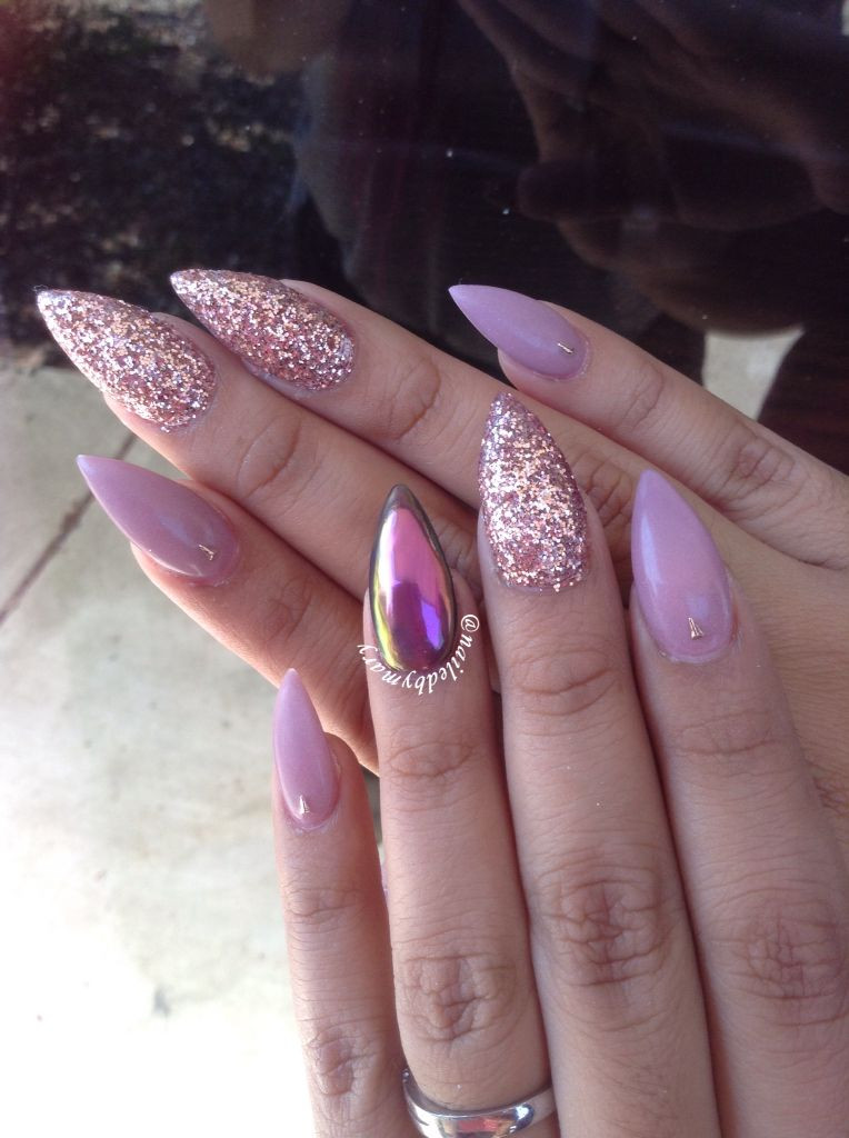 Pink Nails With Gold Glitter
 Chrome pink mauve rose gold glitter matte pointy stiletto