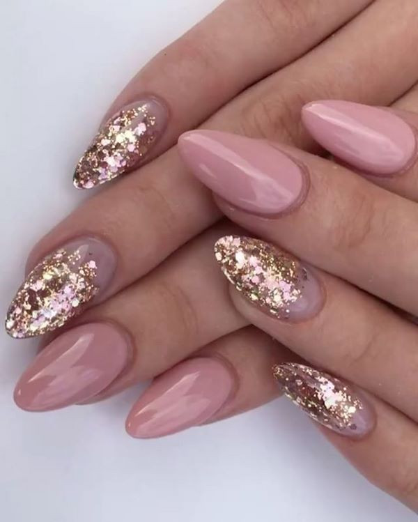 Pink Nails With Gold Glitter
 Glitter nails ideas for a festive and glamorous manicure