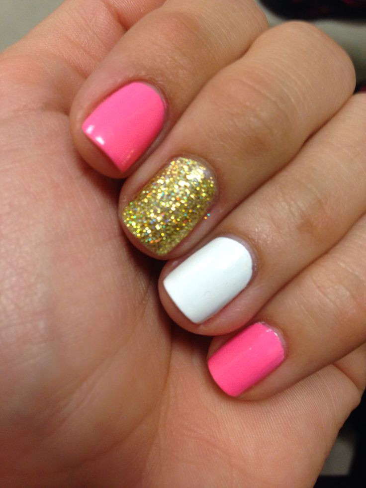 Pink Nails With Gold Glitter
 Pink gold glitter nails