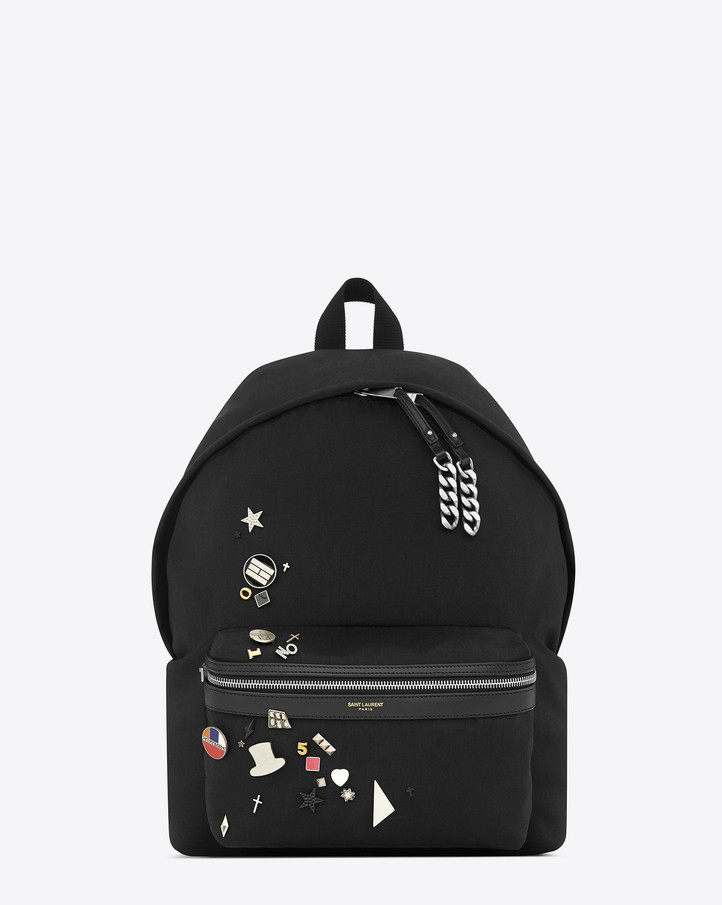 Pins On Backpack
 Saint Laurent CLASSIC HUNTING Pins BACKPACK IN Black Nylon