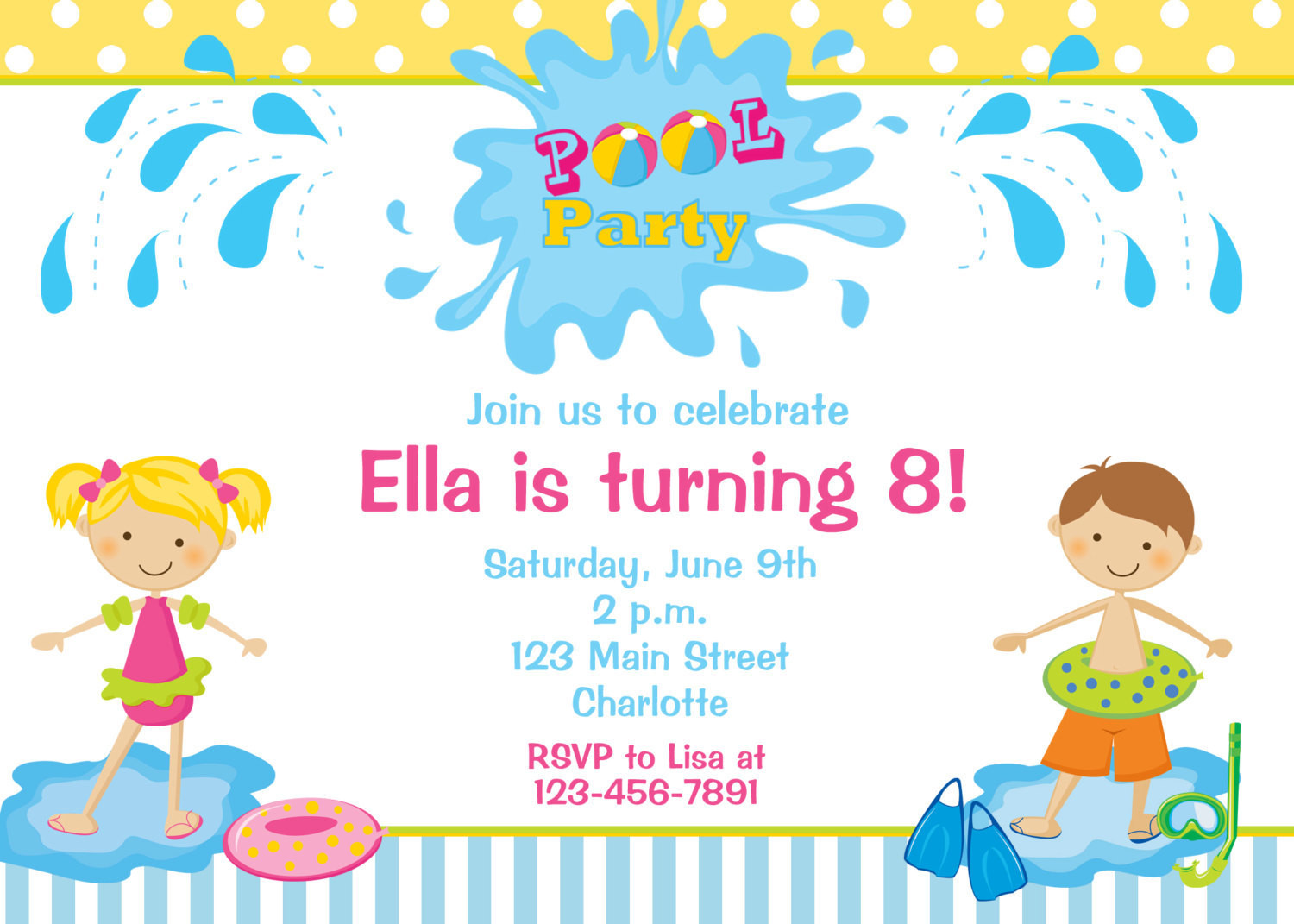 Pool Party Birthday Invitations
 Pool party birthday invitation pool party by TheButterflyPress