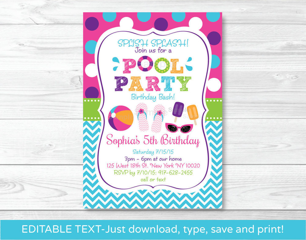 Pool Party Birthday Invitations
 Girls Pool Party Printable Birthday Invitation Editable