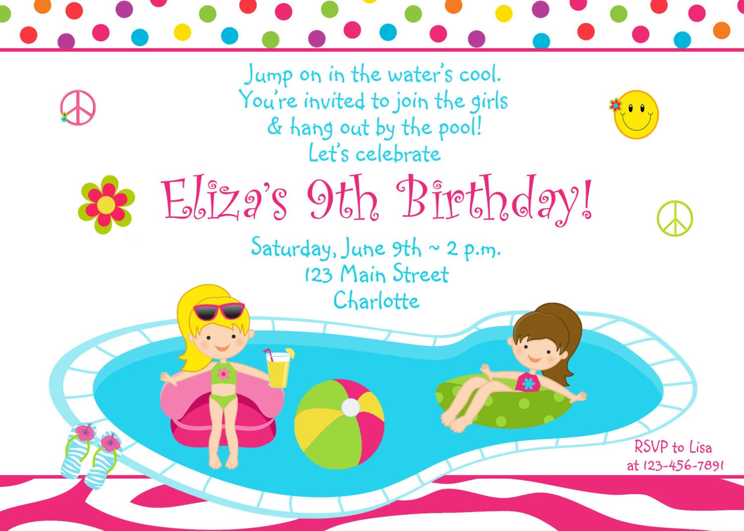 Pool Party Birthday Invitations
 Pool party birthday invitation girls pool party zebra