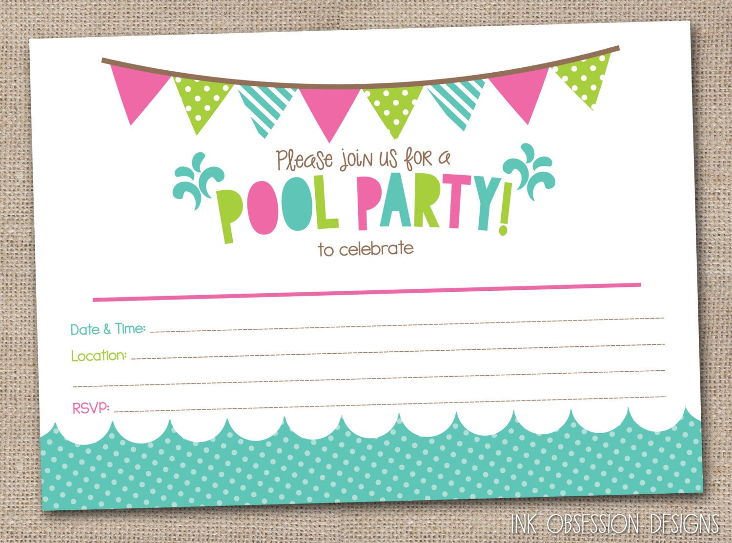 Pool Party Birthday Invitations
 Girls Pool Party Printable Invitation Fill by