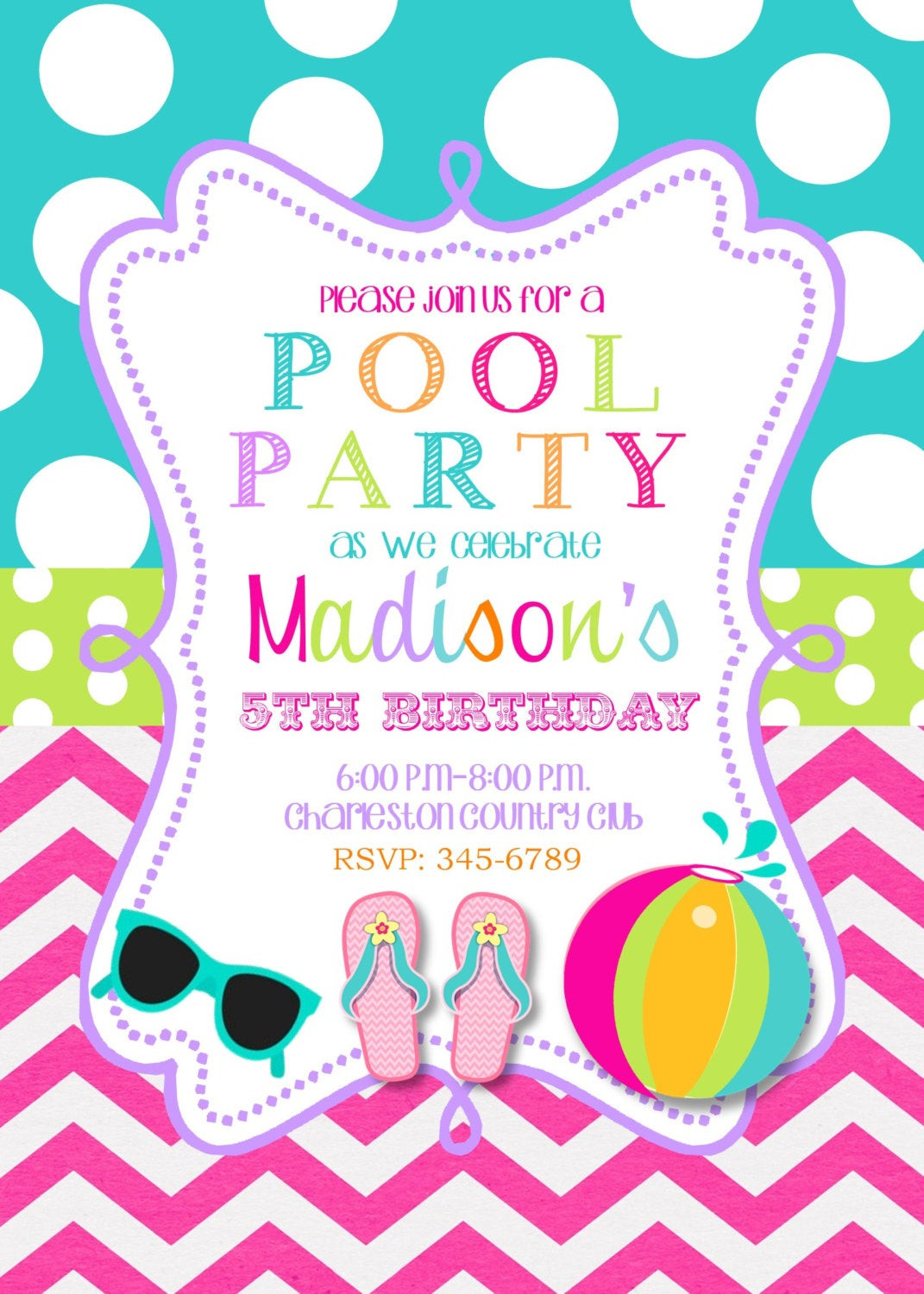 Pool Party Birthday Invitations
 Pool Party Birthday Party invitations printable or digital