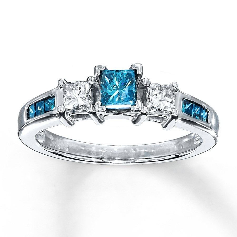 Princess Cut Blue Diamond Engagement Rings
 Princess cut Blue Sapphire and Diamond Engagement Ring in