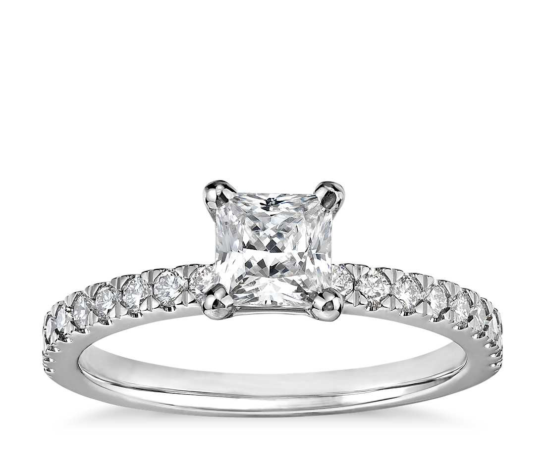 Princess Cut Blue Diamond Engagement Rings
 1 2 Carat Preset Princess Cut Petite Pavé Diamond