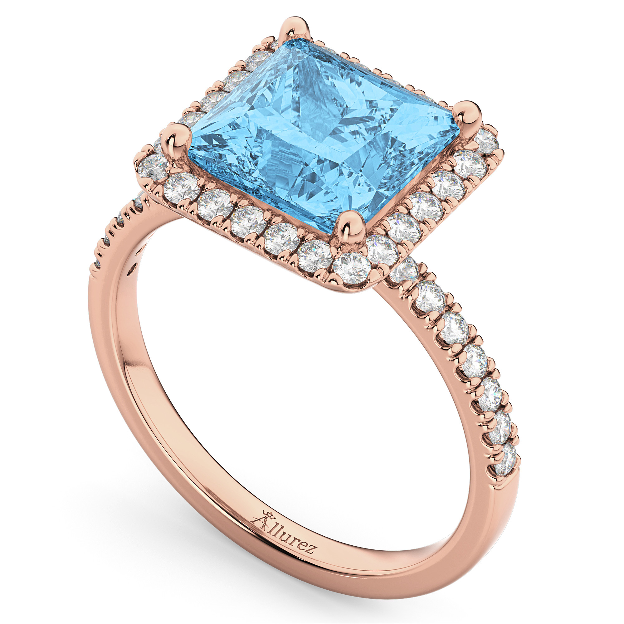 Princess Cut Blue Diamond Engagement Rings
 Princess Cut Halo Blue Topaz & Diamond Engagement Ring 14K