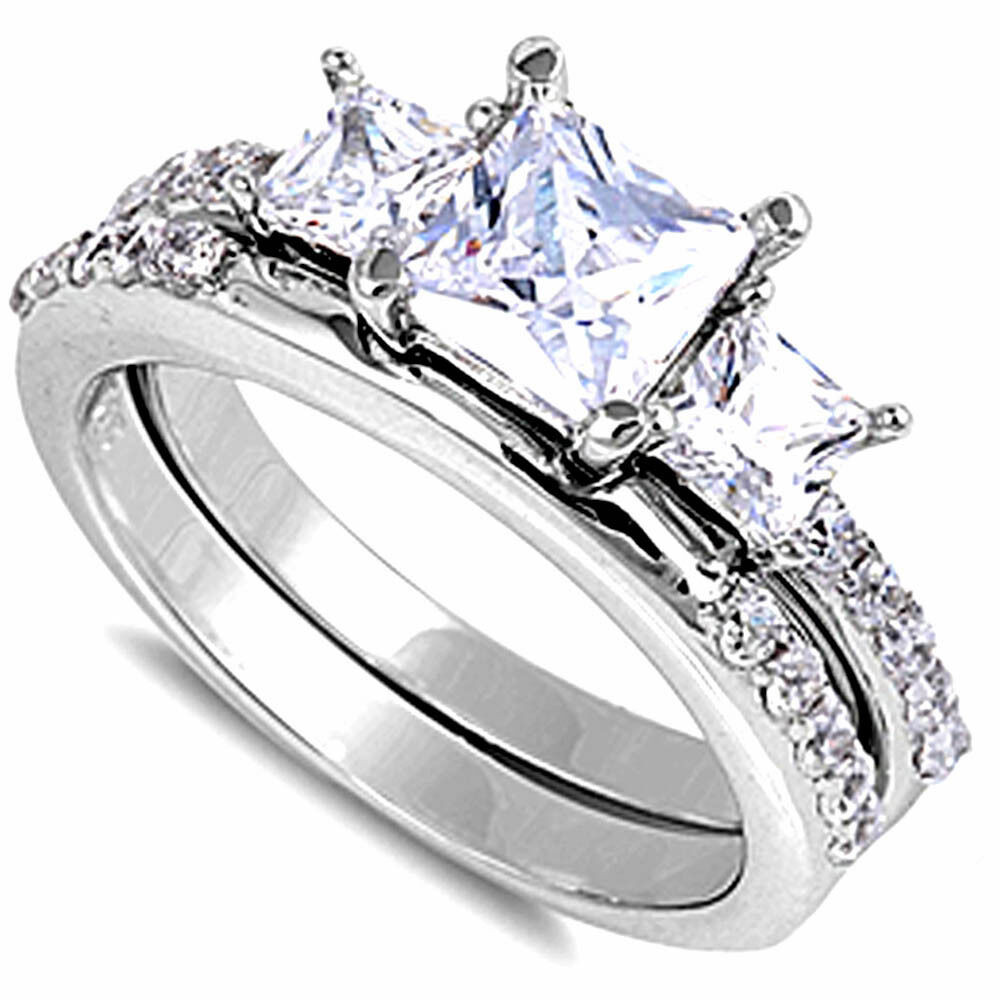Princess Cut Bridal Ring Sets
 BEAUTIFUL PRINCESS CUT CZ 2 RING BRIDAL SET 925 Sterling