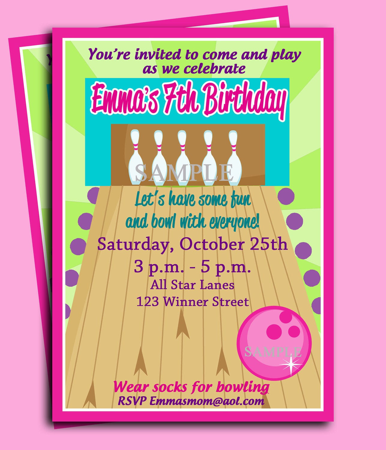 Printed Birthday Invitations
 Bowling Party Birthday Invitation Printable or Printed with