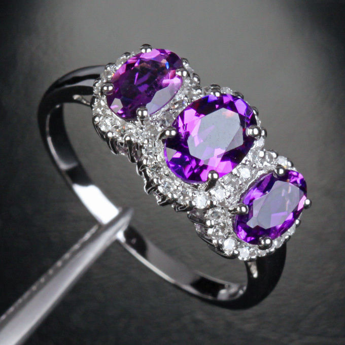 Purple Diamond Engagement Rings
 5x7mm Dark Purple AMETHYST 3 STONES 14K White GOLD 32ct
