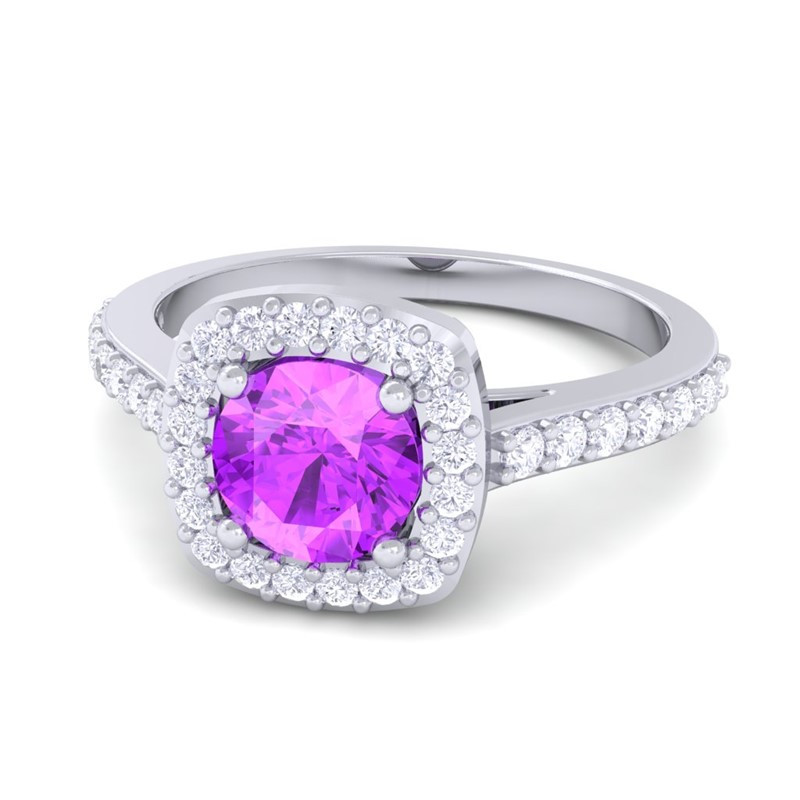Purple Diamond Engagement Rings
 Real Purple Amethyst Round Gemstone Dimaond Halo