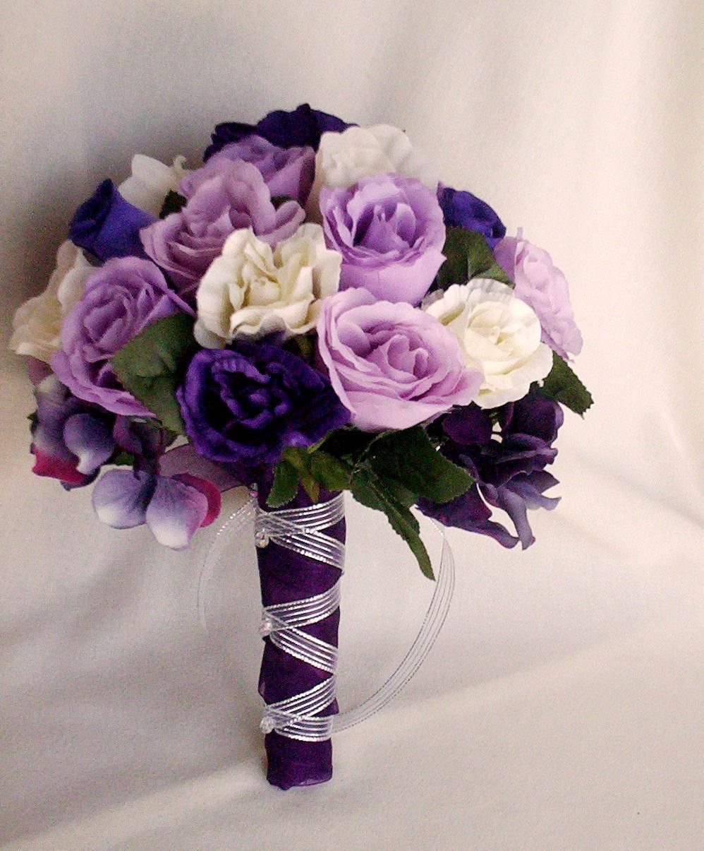 Purple Flowers For Wedding
 Silk Purple Rose Bridal Bouquets Package Custom for Helen