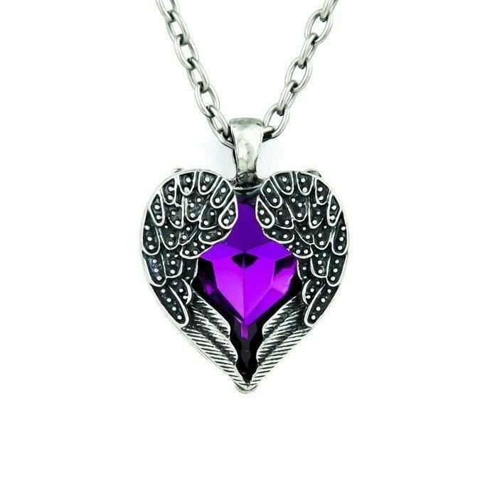 Purple Pendant Necklace
 PURPLE CRYSTAL STONE SILVER PUNK ANGEL WINGS HEART