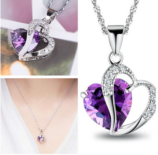 Purple Pendant Necklace
 New Silver Purple Amethyst Gemstone Heart Crystal Pendant