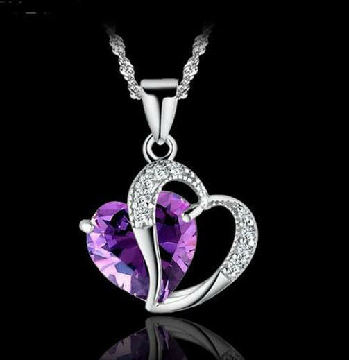 Purple Pendant Necklace
 Womens 925 Sterling Silver Purple Amethyst Heart Crystal