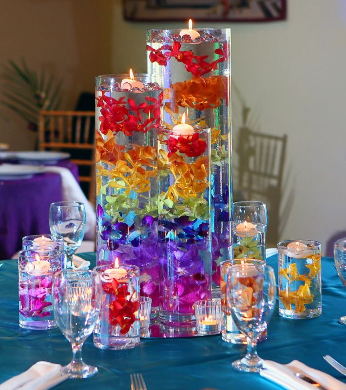 Rainbow Wedding Decorations
 Modern Rainbow Flower and Candle Centerpiece Arrangement