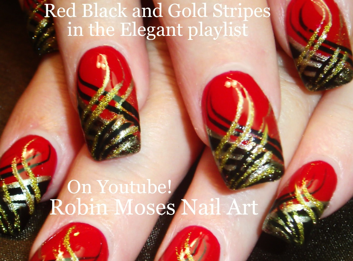 Red And Golden Nail Art
 Nail Art by Robin Moses Red Nails with Black and Gold
