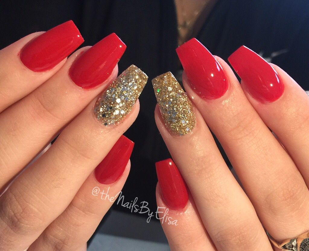 Red And Golden Nail Art
 Red and gold acrylic nails untouched nofillter
