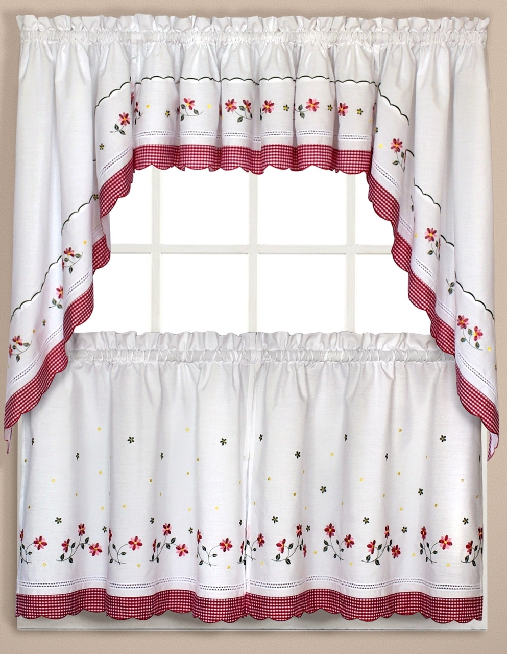 Red Checkered Kitchen Curtains
 Gingham Floral Kitchen Curtain Red Linens4Less
