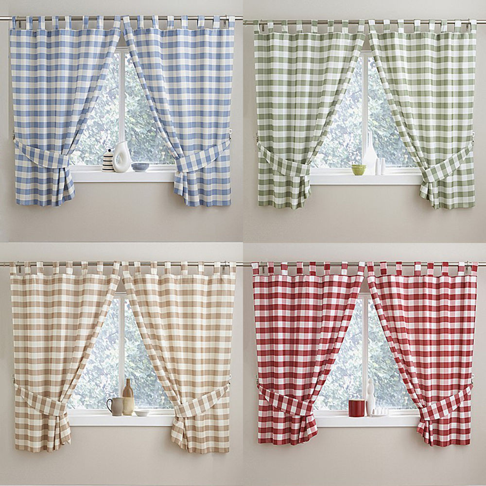 Red Checkered Kitchen Curtains
 Check Gingham Kitchen Curtains With Tab Top Header Blue
