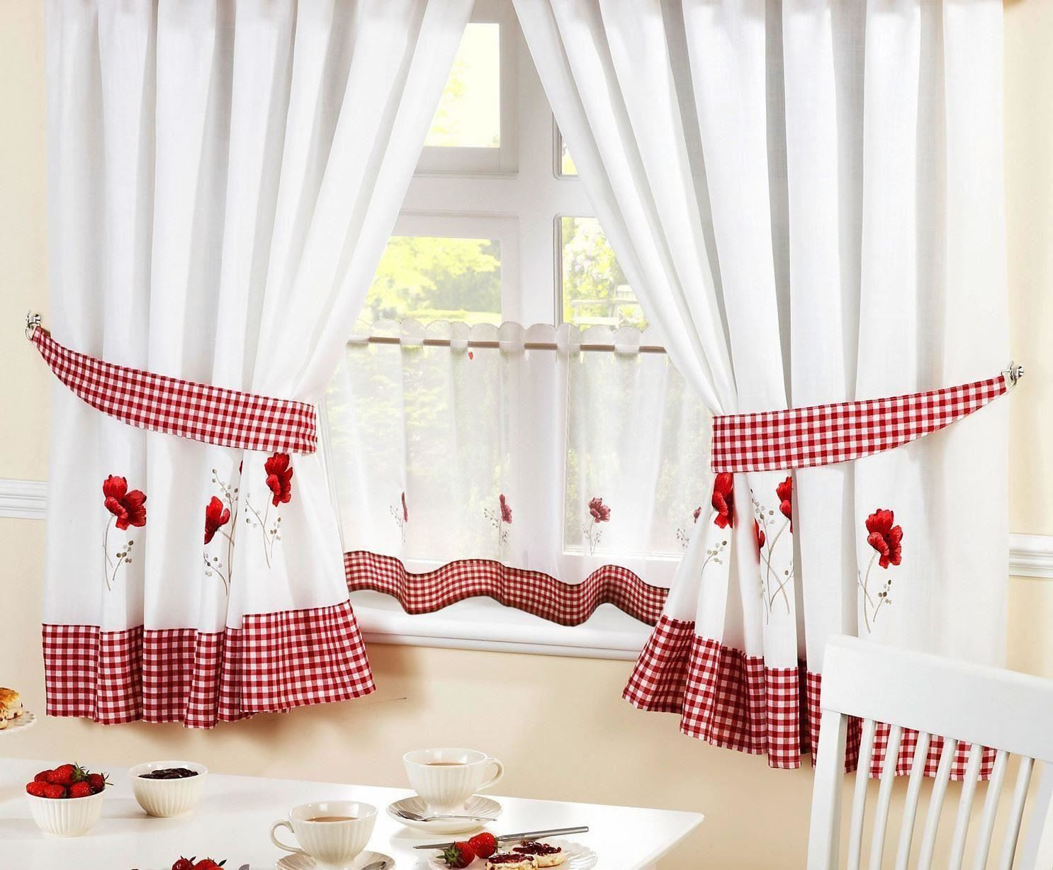 Red Checkered Kitchen Curtains
 POPPIES RED EMBROIDERED GINGHAM KITCHEN CURTAINS & 24