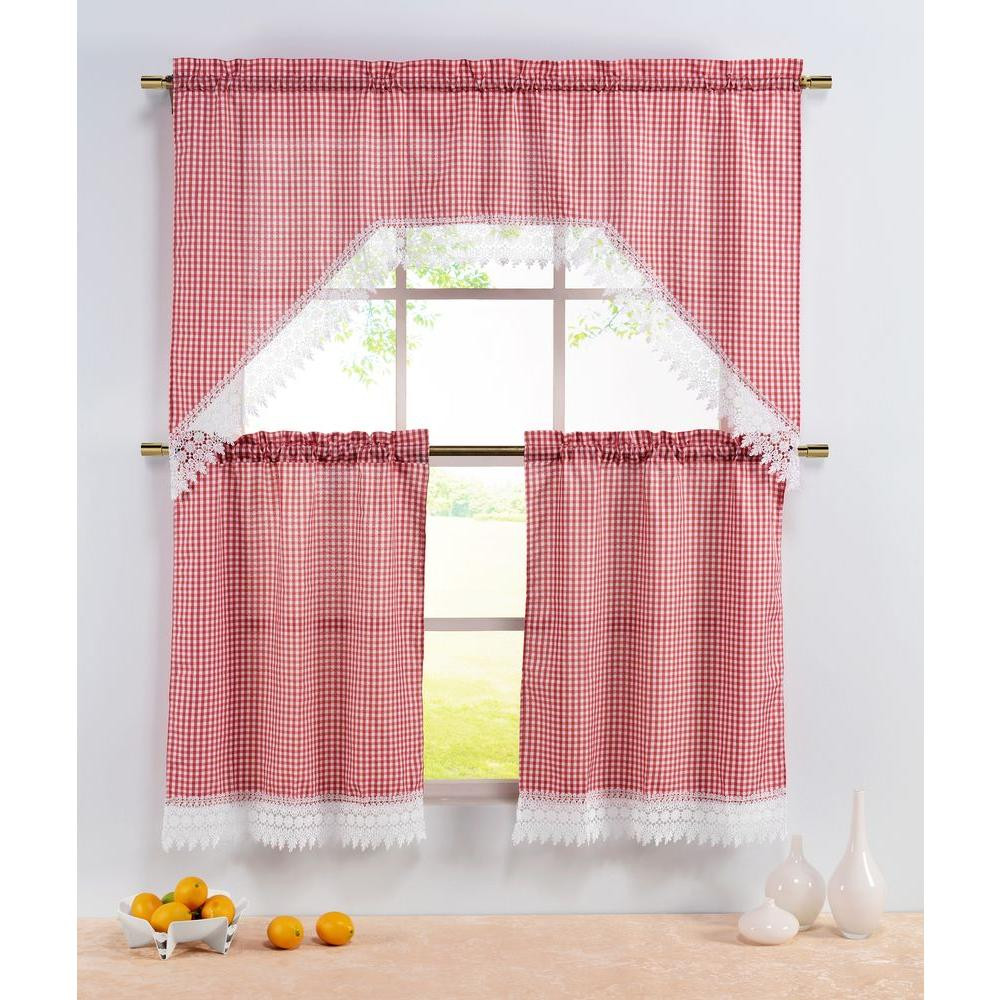 Red Checkered Kitchen Curtains
 Window Elements Semi Opaque Checkered Red Embroidered 3