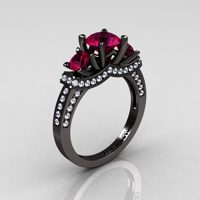 Red Diamond Engagement Rings
 French 14K Black Gold Three Stone Raspberry Red Garnet