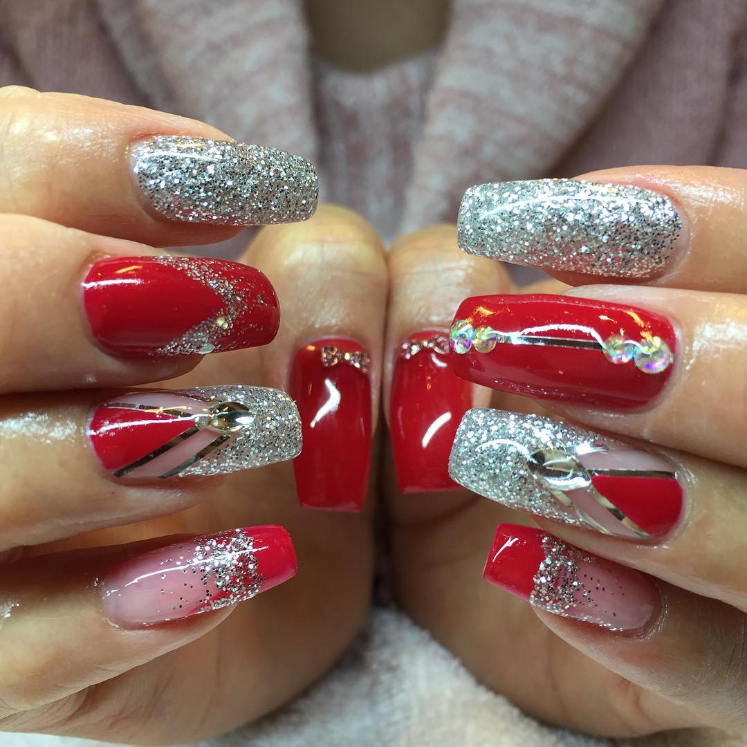 Red Glitter Tip Nails
 40 Latest Red And Silver Nail Art Design Ideas