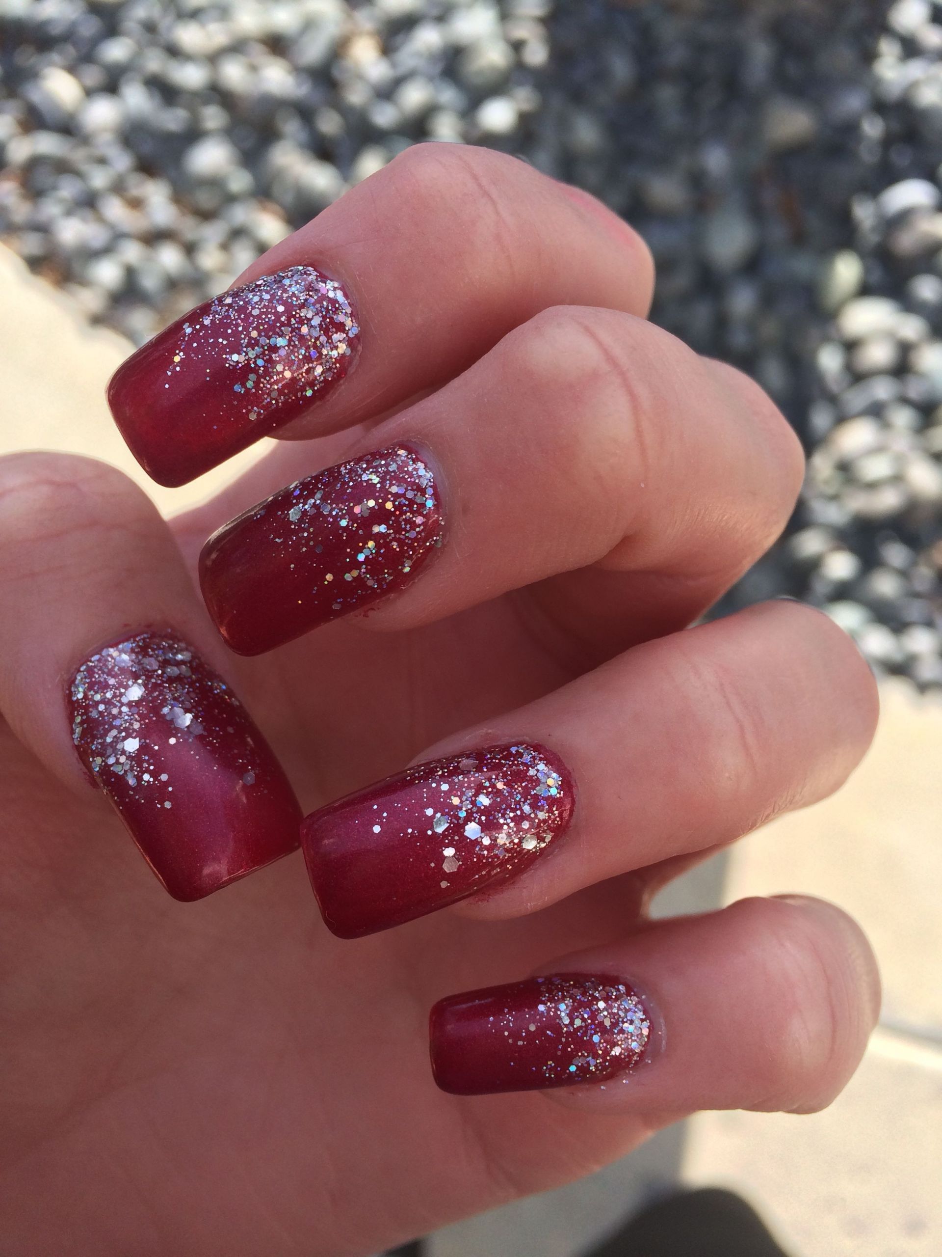 Red Glitter Tip Nails
 Deep red gel acrylics with sparkles ️ nails gel acrylic